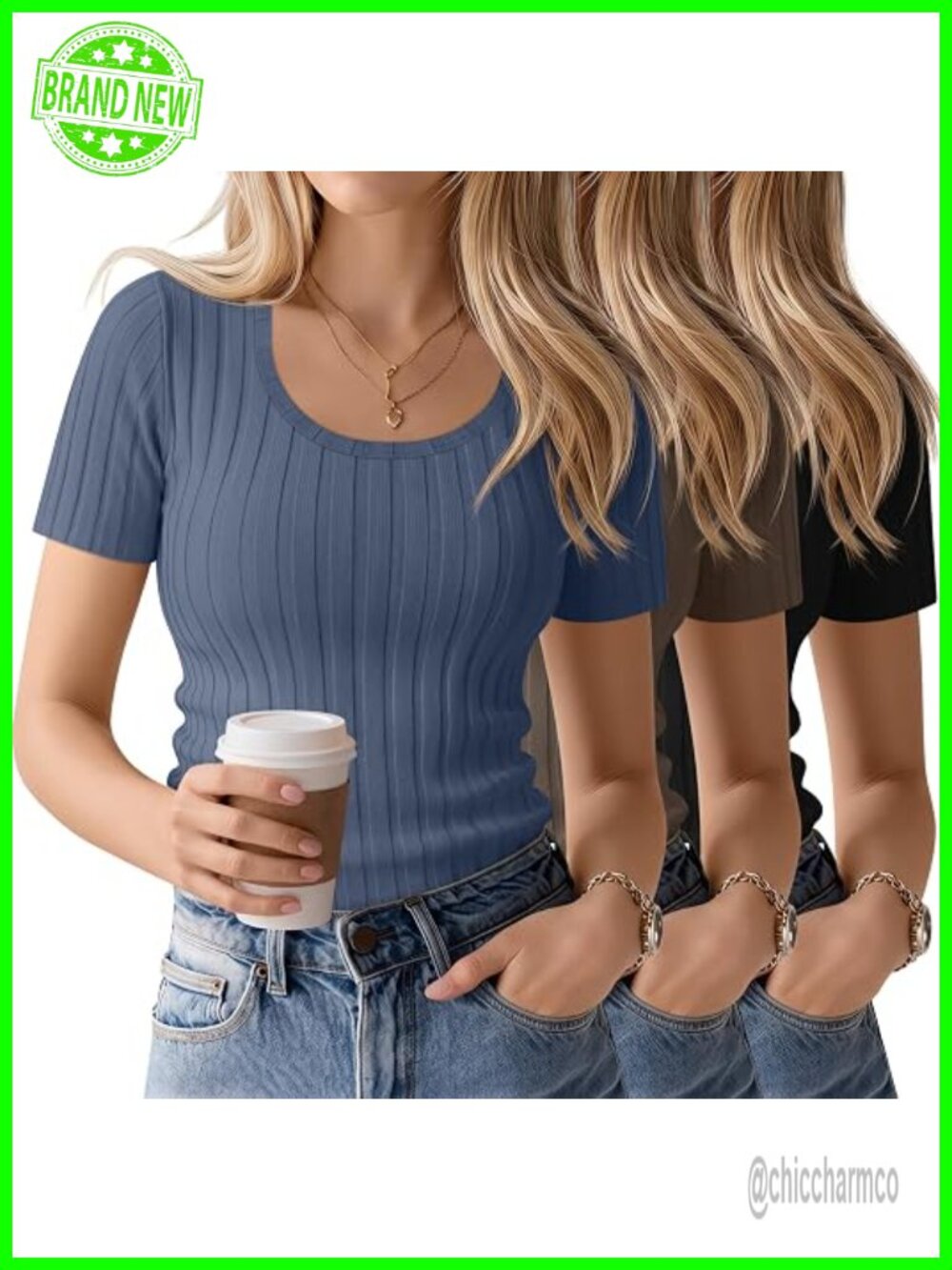 3 Pack Women's Cotton Spandex Scoop Neck Ribbed Knit T-Shirts Slim Fitted